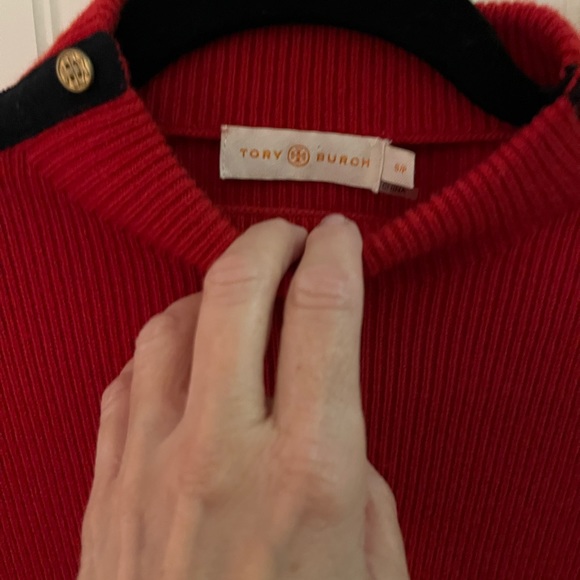 Tory Burch Red Sweater Dress with contrast Navy shoulder trim with Gold Buttons - Picture 3 of 7